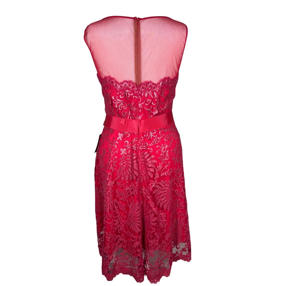 Tadashi Shoji Dress Womens 16 Red Sequin Lace Illusion Ribbon Belt Cocktail New - Picture 5 of 13